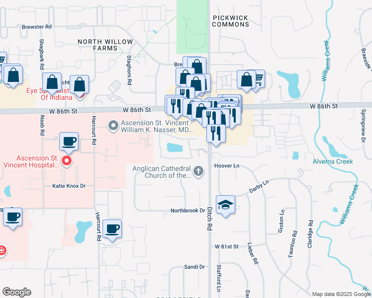 map of restaurants, bars, coffee shops, grocery stores, and more near 8444 Rothbury Drive in Indianapolis