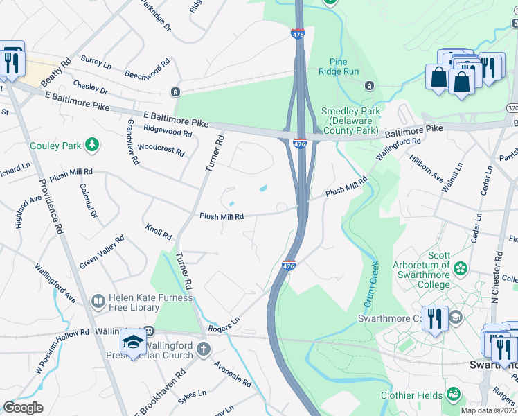 map of restaurants, bars, coffee shops, grocery stores, and more near 337 Plush Mill Road in Nether Providence Township