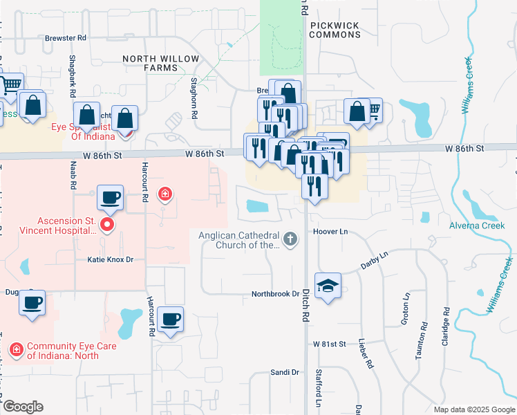 map of restaurants, bars, coffee shops, grocery stores, and more near 8411 Rothbury Drive in Indianapolis