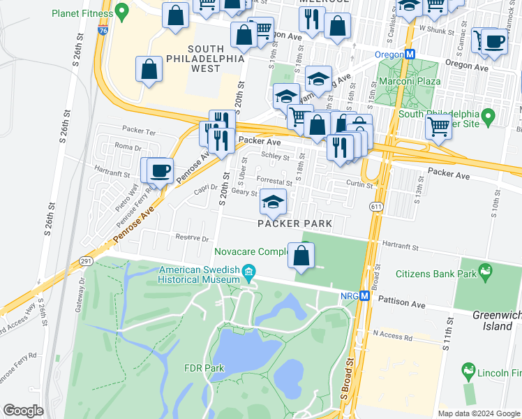 map of restaurants, bars, coffee shops, grocery stores, and more near 1841 Hartranft Street in Philadelphia