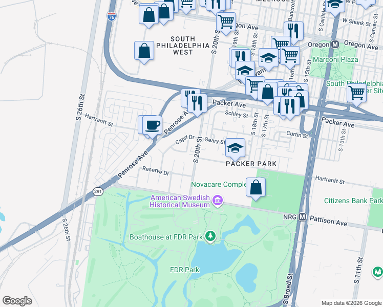 map of restaurants, bars, coffee shops, grocery stores, and more near 3402 South 20th Street in Philadelphia