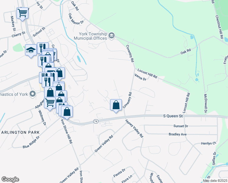 map of restaurants, bars, coffee shops, grocery stores, and more near 218 Sheffield Drive in Dallastown