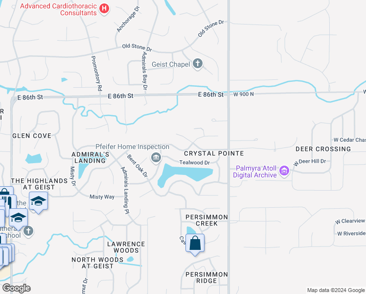 map of restaurants, bars, coffee shops, grocery stores, and more near 12543 Geist Cove Drive in Indianapolis