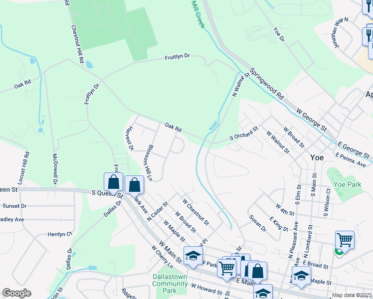 map of restaurants, bars, coffee shops, grocery stores, and more near 613 Misty Hill Lane in Dallastown