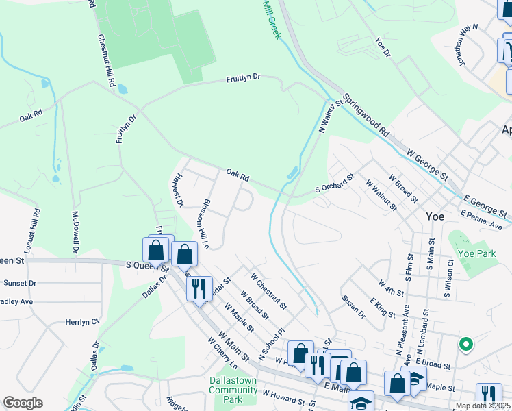 map of restaurants, bars, coffee shops, grocery stores, and more near 613 Misty Hill Lane in Dallastown