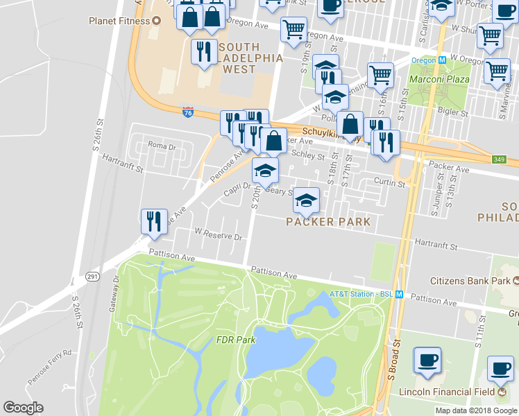 map of restaurants, bars, coffee shops, grocery stores, and more near 3329 South 20th Street in Philadelphia