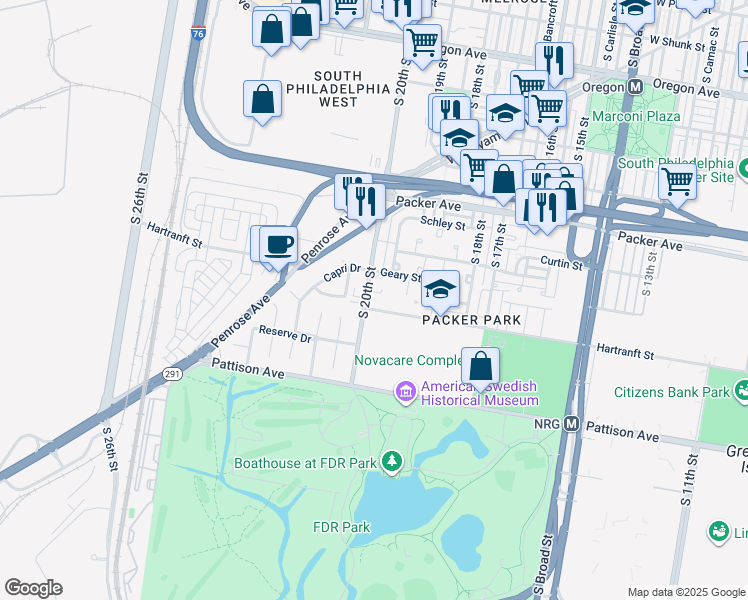 map of restaurants, bars, coffee shops, grocery stores, and more near 3329 South 20th Street in Philadelphia