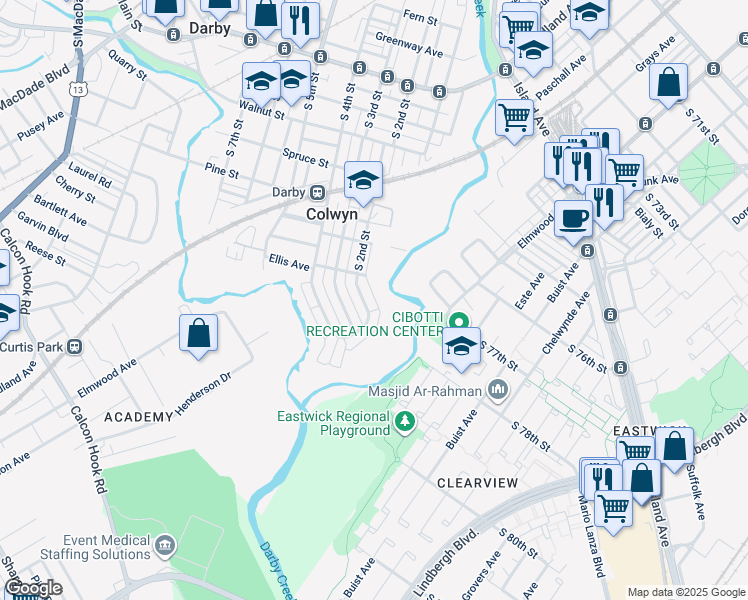 map of restaurants, bars, coffee shops, grocery stores, and more near 529 South 2nd Street in Darby