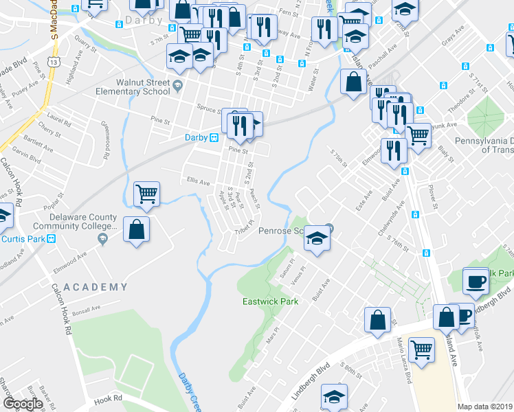 map of restaurants, bars, coffee shops, grocery stores, and more near 529 South 2nd Street in Darby