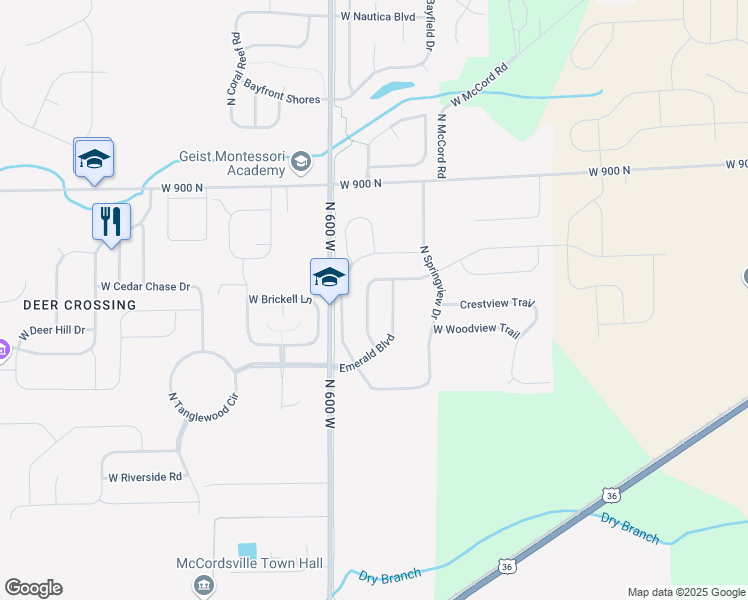 map of restaurants, bars, coffee shops, grocery stores, and more near 8729 North Autumnview Drive in McCordsville