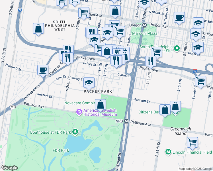 map of restaurants, bars, coffee shops, grocery stores, and more near 3209R South 17th Street in Philadelphia