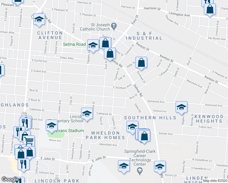 map of restaurants, bars, coffee shops, grocery stores, and more near 1200 Cypress Street in Springfield