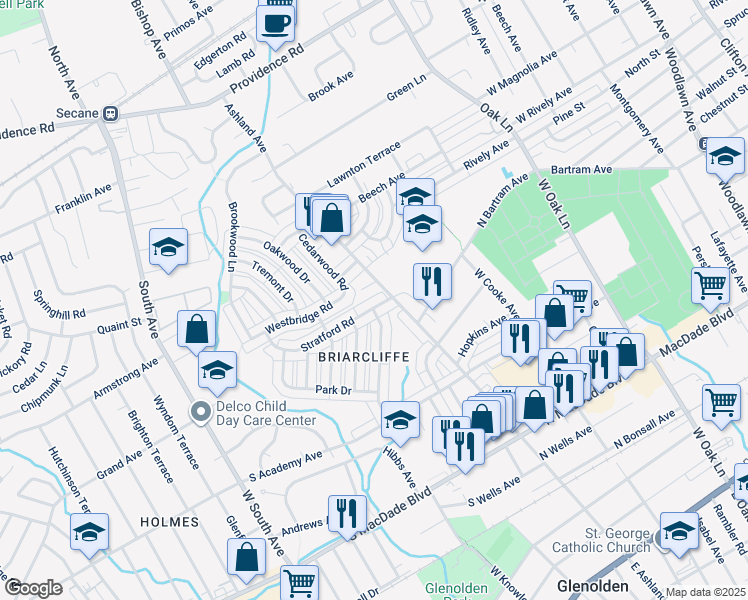 map of restaurants, bars, coffee shops, grocery stores, and more near 14 Stratford Road in Glenolden