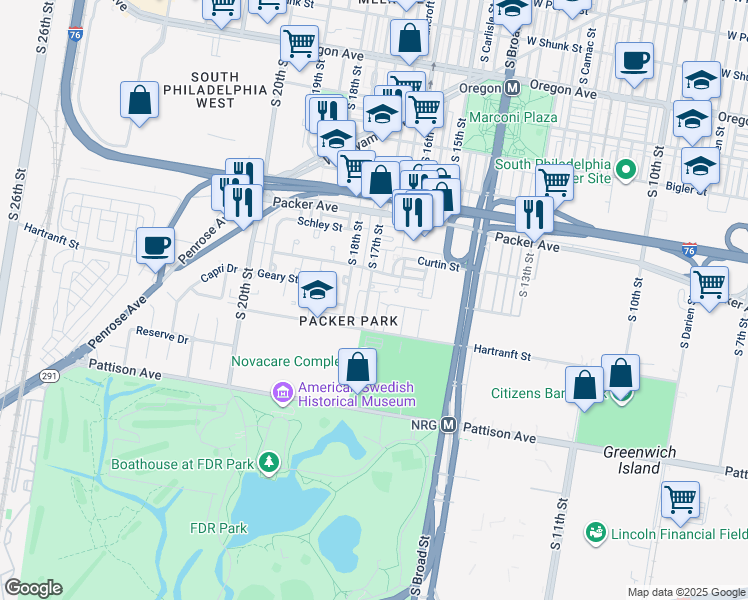 map of restaurants, bars, coffee shops, grocery stores, and more near 3209 South 17th Street in Philadelphia