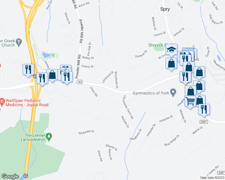 map of restaurants, bars, coffee shops, grocery stores, and more near 224 Leader Heights Road in York