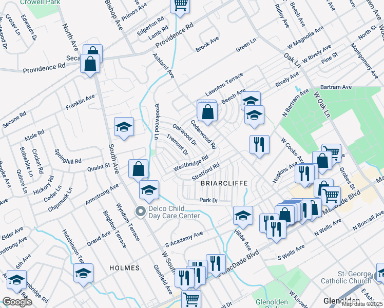 map of restaurants, bars, coffee shops, grocery stores, and more near 224 Westbridge Road in Glenolden