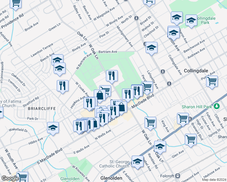 map of restaurants, bars, coffee shops, grocery stores, and more near 244 North Academy Avenue in Glenolden