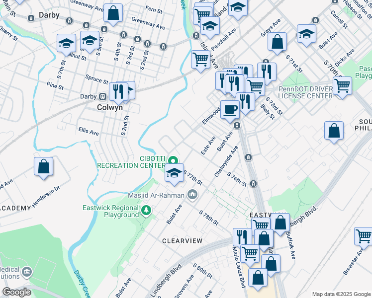 map of restaurants, bars, coffee shops, grocery stores, and more near 2510 South 76th Street in Philadelphia