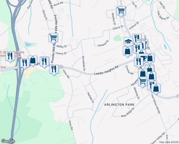 map of restaurants, bars, coffee shops, grocery stores, and more near 241 Leader Heights Road in York