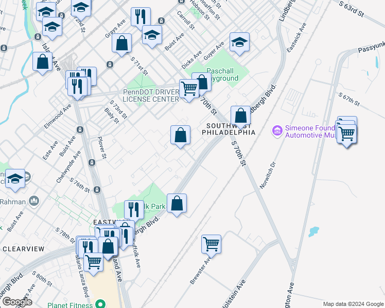 map of restaurants, bars, coffee shops, grocery stores, and more near 3025 South 72nd Street in Philadelphia