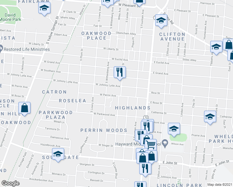 map of restaurants, bars, coffee shops, grocery stores, and more near 112 West Perrin Avenue in Springfield