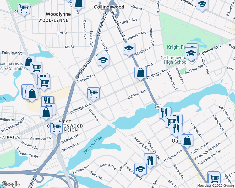 map of restaurants, bars, coffee shops, grocery stores, and more near 815 Eldridge Avenue in Oaklyn