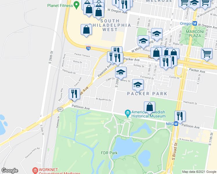 map of restaurants, bars, coffee shops, grocery stores, and more near 3407 Tuscany Drive in Philadelphia