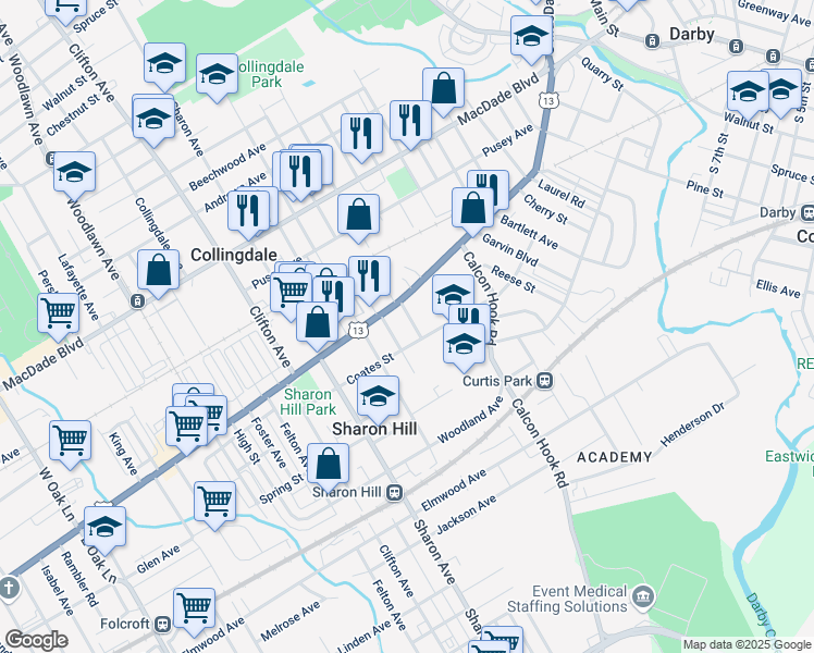 map of restaurants, bars, coffee shops, grocery stores, and more near 909 Coates Street in Sharon Hill