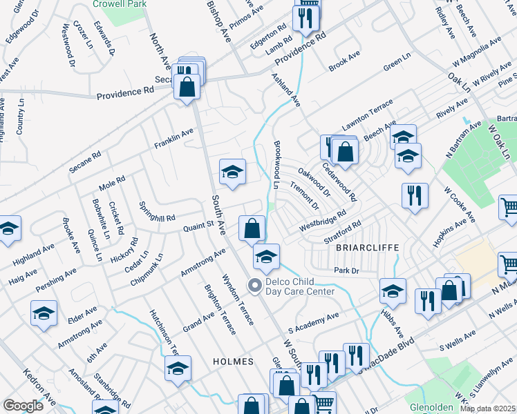 map of restaurants, bars, coffee shops, grocery stores, and more near 2933 Armstrong Avenue in Delaware County