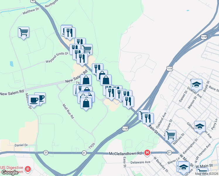 map of restaurants, bars, coffee shops, grocery stores, and more near 79 Restaurant Row in Uniontown