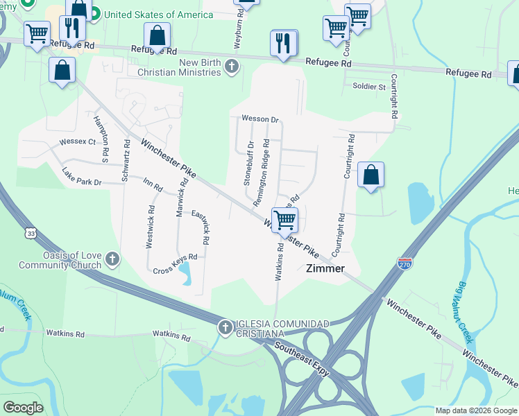map of restaurants, bars, coffee shops, grocery stores, and more near 3128 Briar Ridge Road in Columbus