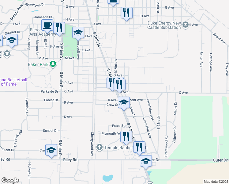 map of restaurants, bars, coffee shops, grocery stores, and more near 1674 R Avenue in New Castle