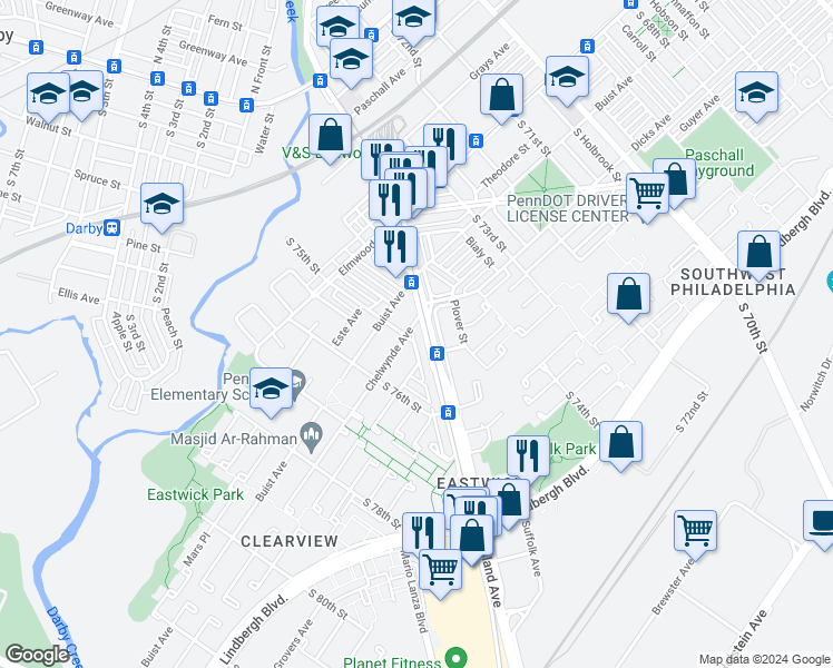 map of restaurants, bars, coffee shops, grocery stores, and more near 2612 Island Avenue in Philadelphia