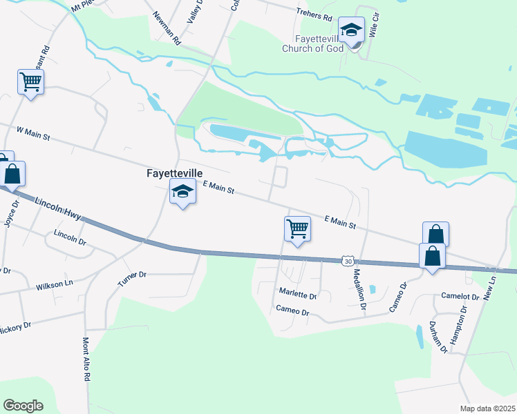 map of restaurants, bars, coffee shops, grocery stores, and more near 64 East Main Street in Fayetteville