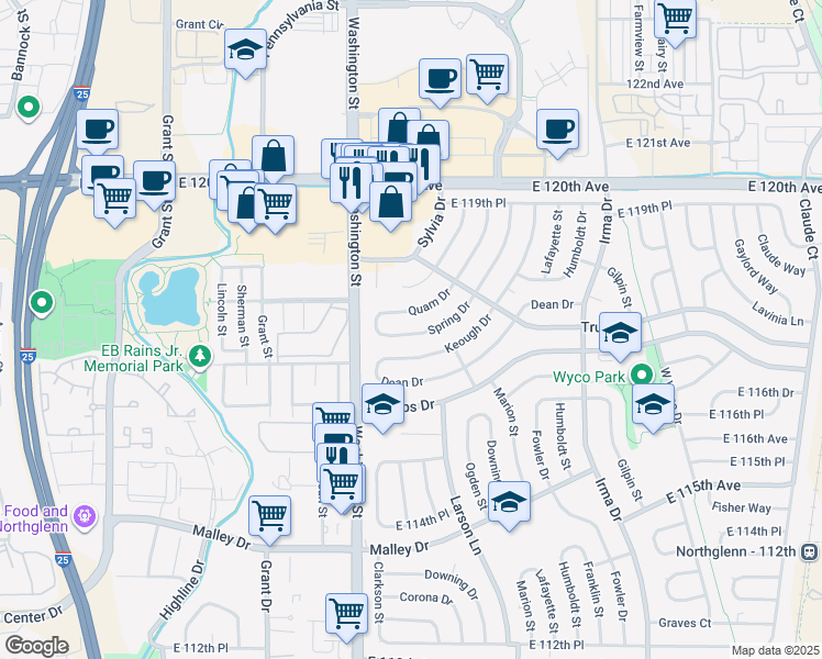 map of restaurants, bars, coffee shops, grocery stores, and more near 11735 Keough Drive in Northglenn
