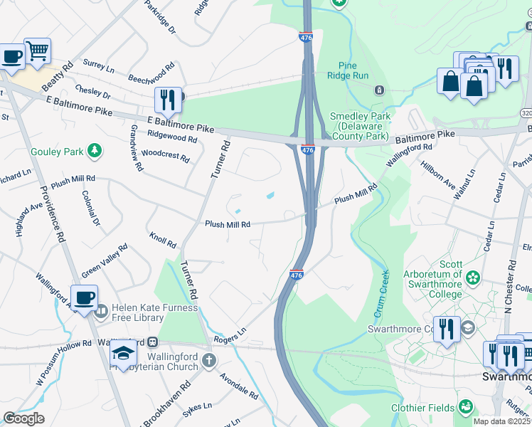 map of restaurants, bars, coffee shops, grocery stores, and more near 337 Plush Mill Road in Nether Providence Township
