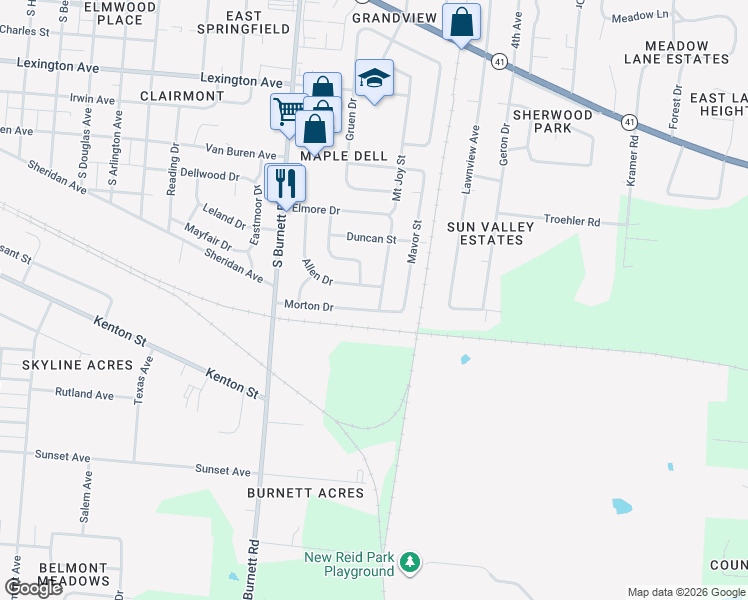 map of restaurants, bars, coffee shops, grocery stores, and more near 2727 Morton Drive in Springfield