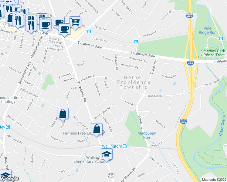 map of restaurants, bars, coffee shops, grocery stores, and more near 300 Dogwood Lane in Nether Providence Township