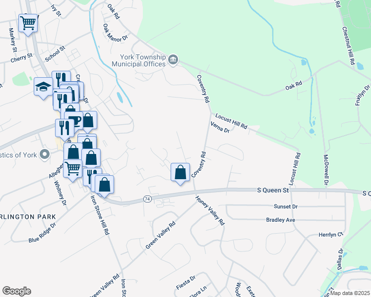 map of restaurants, bars, coffee shops, grocery stores, and more near 218 Sheffield Drive in Dallastown