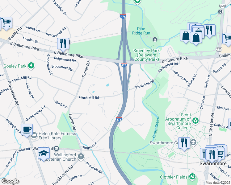 map of restaurants, bars, coffee shops, grocery stores, and more near 415 Plush Mill Road in Nether Providence Township