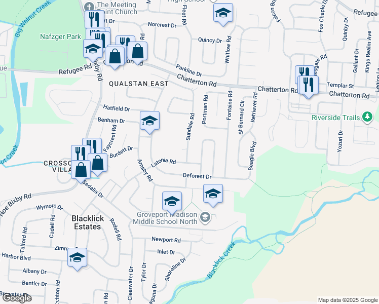 map of restaurants, bars, coffee shops, grocery stores, and more near 3312 Sundale Road in Columbus