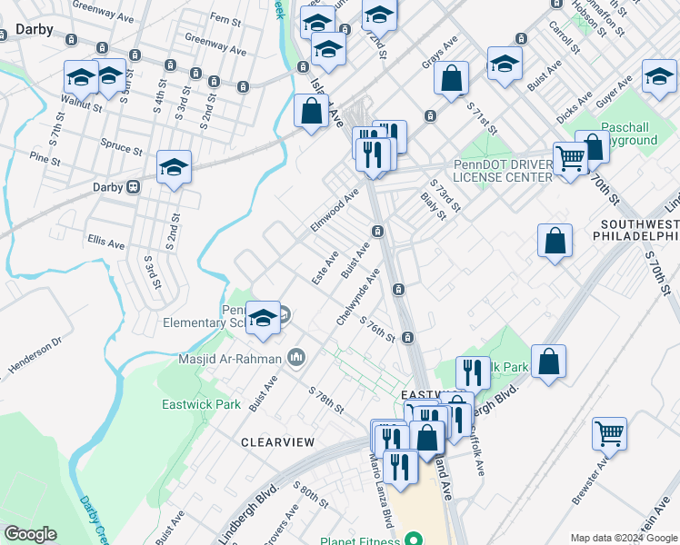 map of restaurants, bars, coffee shops, grocery stores, and more near 7513 Buist Avenue in Philadelphia