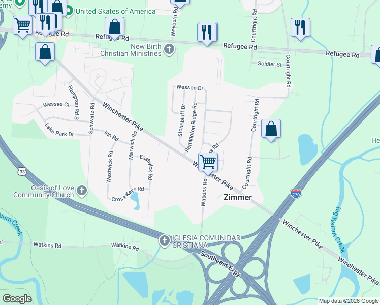 map of restaurants, bars, coffee shops, grocery stores, and more near 3128 Briar Ridge Road in Columbus