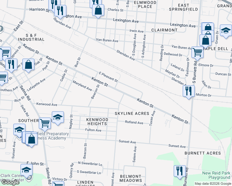 map of restaurants, bars, coffee shops, grocery stores, and more near 1125 South Belmont Avenue in Springfield