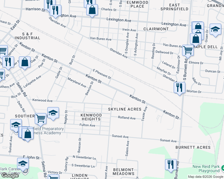 map of restaurants, bars, coffee shops, grocery stores, and more near 1125 South Belmont Avenue in Springfield