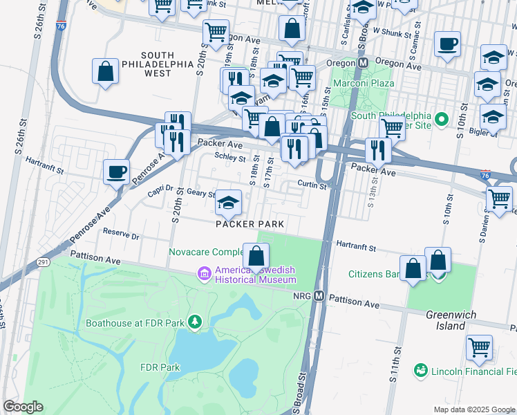 map of restaurants, bars, coffee shops, grocery stores, and more near 3229R South 17th Street in Philadelphia