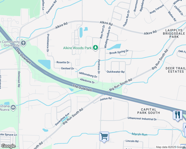 map of restaurants, bars, coffee shops, grocery stores, and more near 3760 Allmon Road in Grove City
