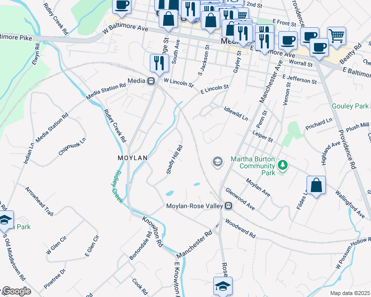 map of restaurants, bars, coffee shops, grocery stores, and more near 45 Shady Hill Road in Media