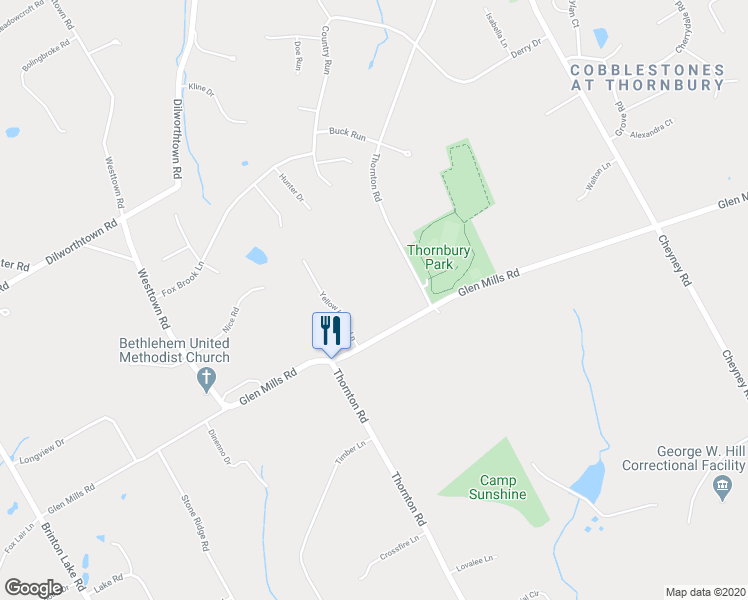map of restaurants, bars, coffee shops, grocery stores, and more near 361 Glen Mills Road in Thornton