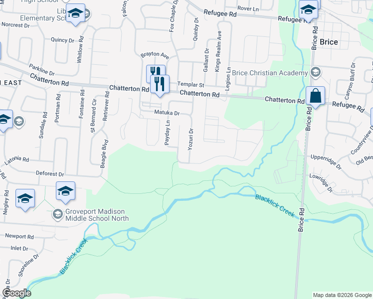 map of restaurants, bars, coffee shops, grocery stores, and more near 3393 Yozuri Drive in Columbus